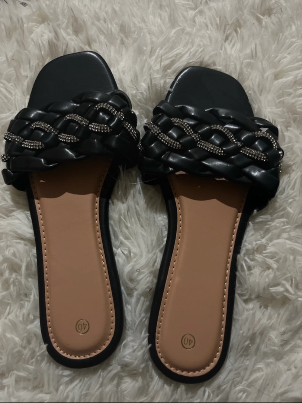 Black Braided Slide Sandals with Crystal Chain Accent